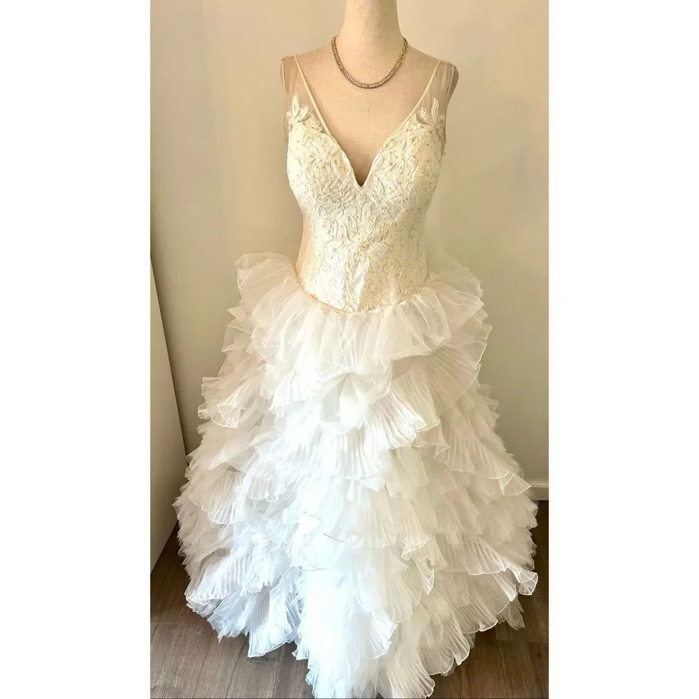 Galine signature Plunging V-Neck Wedding Gown ruffles with train puffy size 6